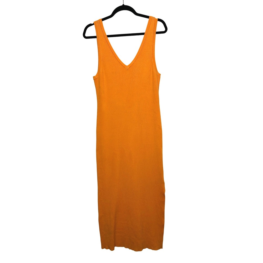 House of Harlow 1960 Women's Orange Ribbed V Neck Sleeveless Midi‎ Dress L TS12